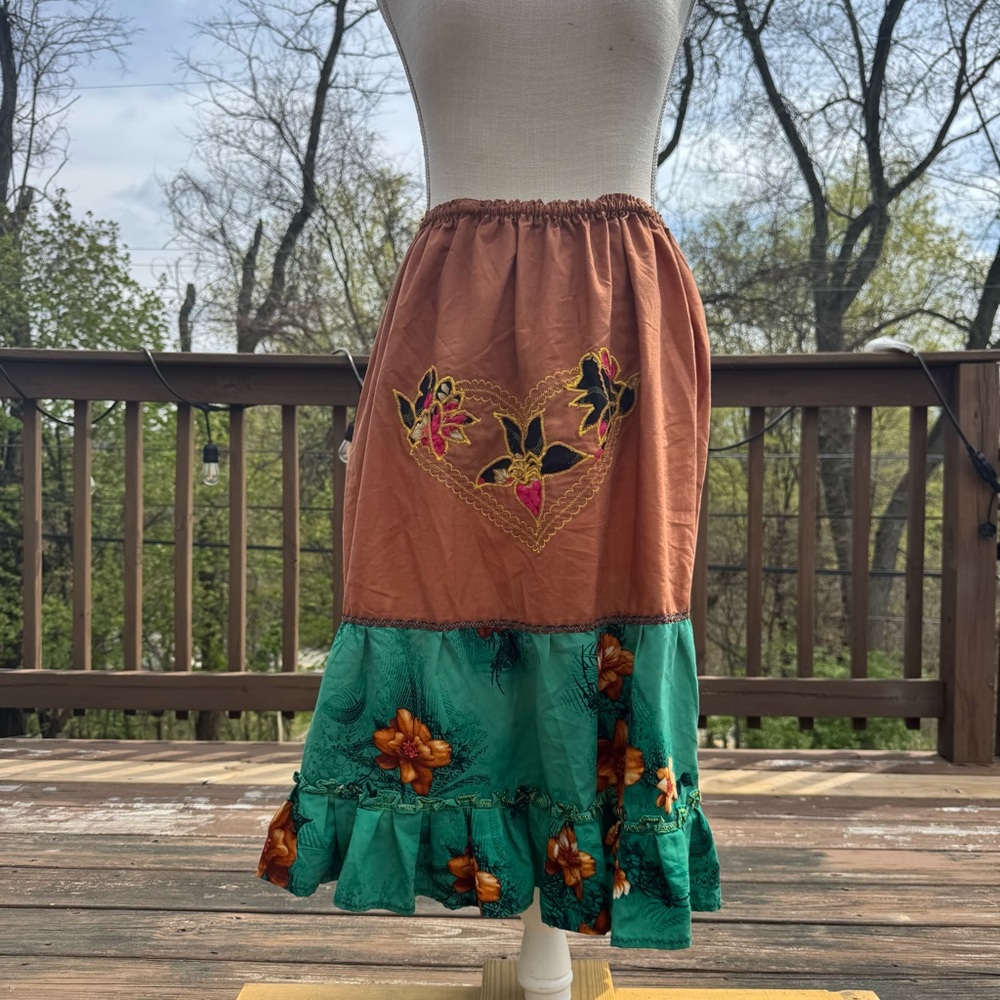 Vintage Midi Handmade Skirt With Embroidery & Flowers